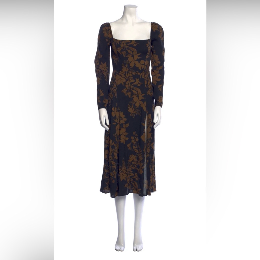 Reformation Sigmund Dress Long-Sleeve Square-Neck Floral Midi With Leg Slit